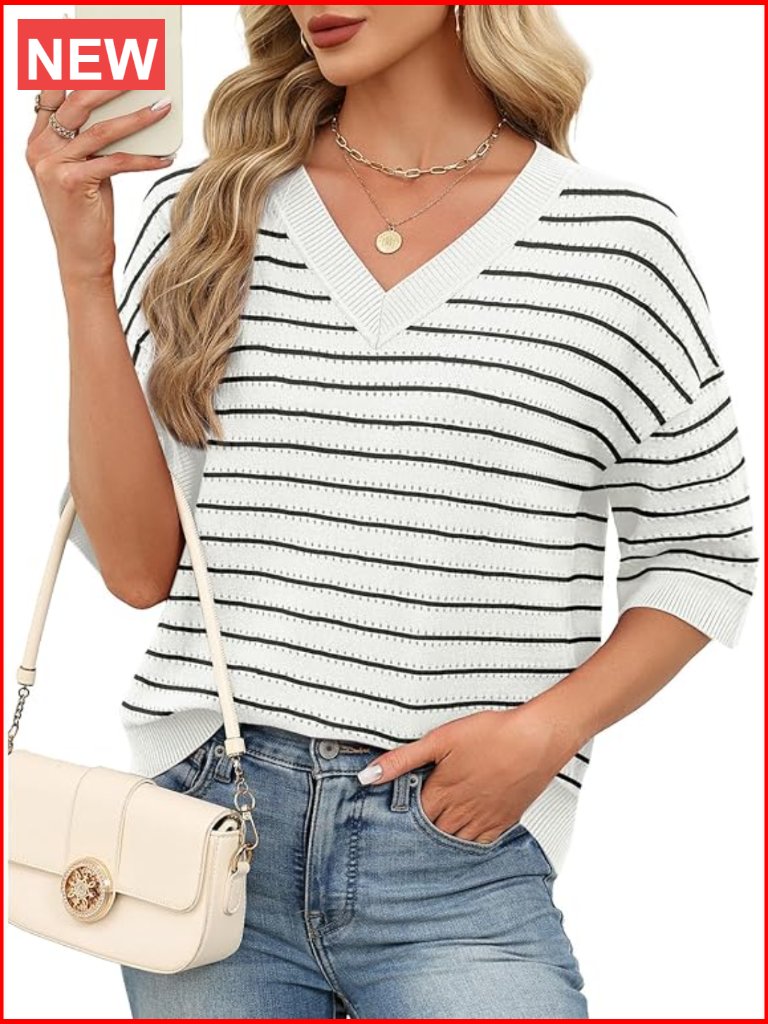 Oversized 3/4 Sleeve V-Neck Crochet Sweater Blouse